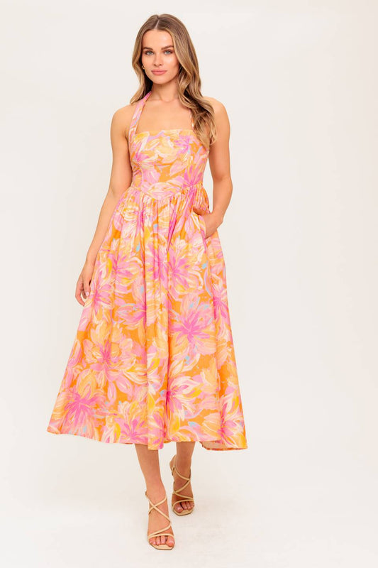 MORNING SUN HALTER TIE MIDI DRESS - CORAL