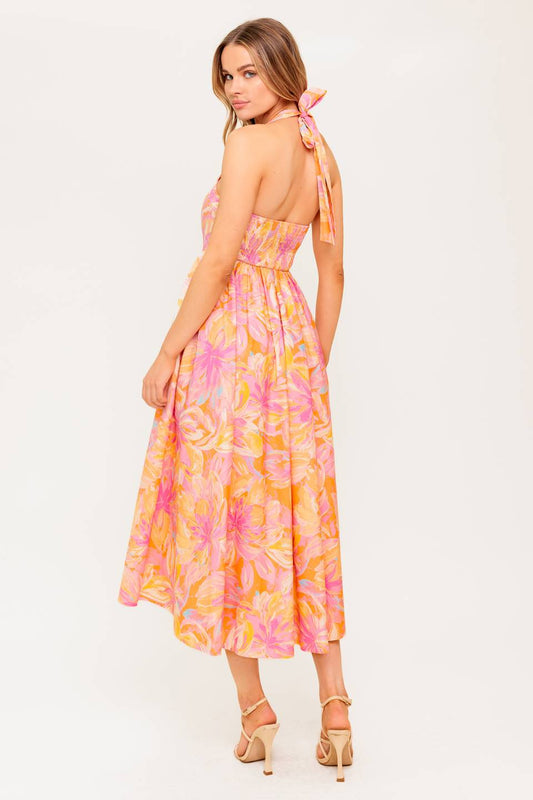 MORNING SUN HALTER TIE MIDI DRESS - CORAL