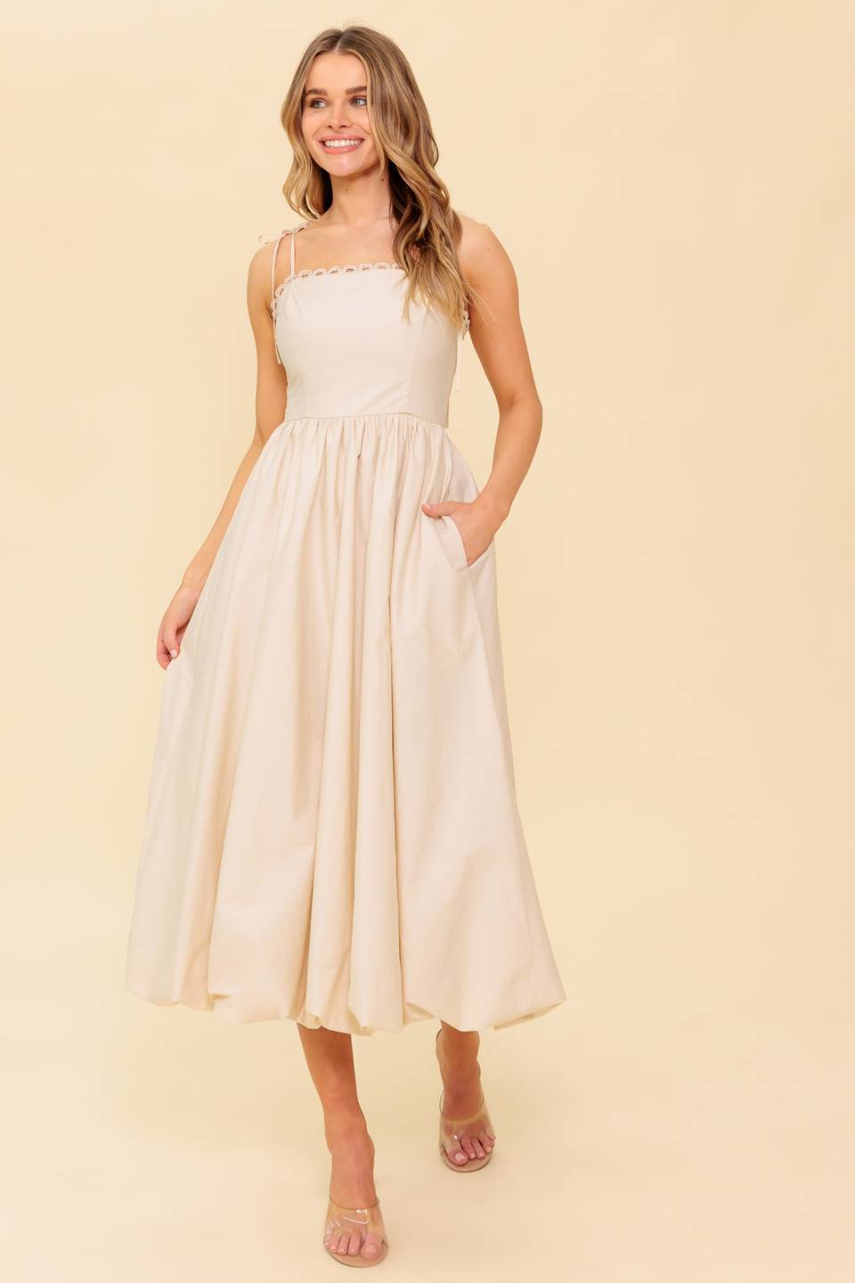 REGAL CUTIE BUBBLE HEM MIDI DRESS - CREAM