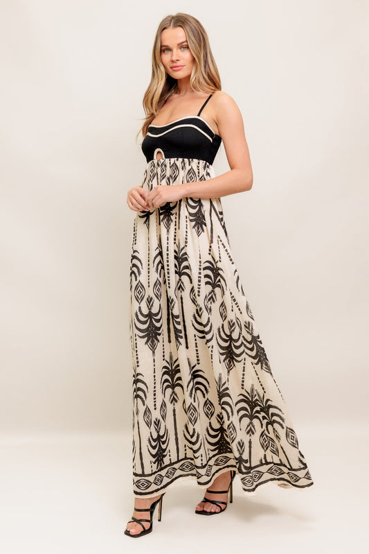 Size Small, PALM PARADISE MAXI DRESS - TAUPE & BLACK - FINAL SALE