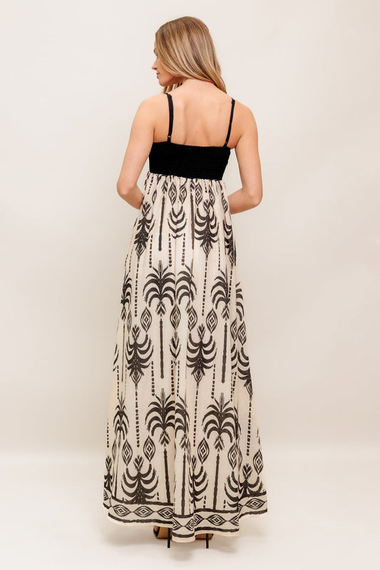 Size Small, PALM PARADISE MAXI DRESS - TAUPE & BLACK - FINAL SALE