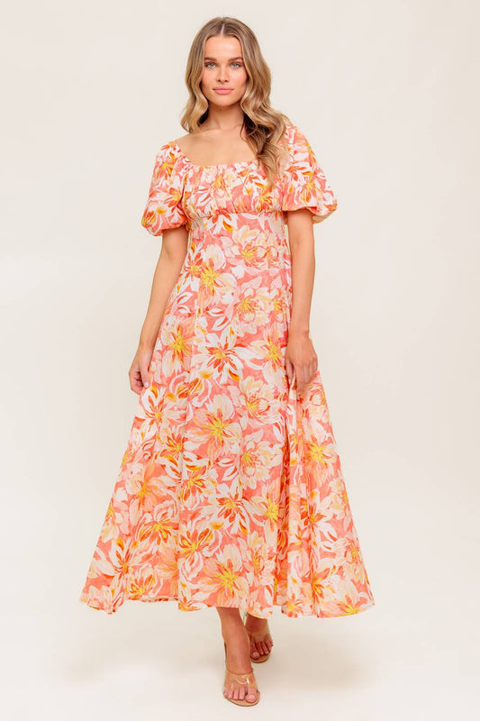 ISLAND FLOWERS PUFF SLEEVE MIDI DRESS - CORAL
