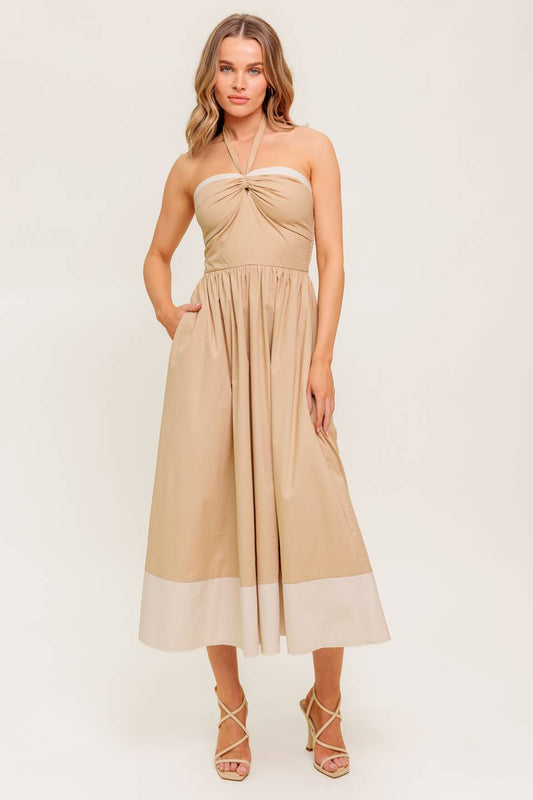 HYDRANGEA HAZE - HALTER MIDI DRESS - TAUPE