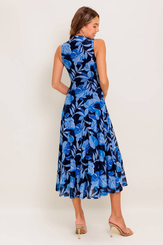 Size Large, PALMER POWER MESH PRINTED MIDI DRESS -  BLUE - FINAL SALE