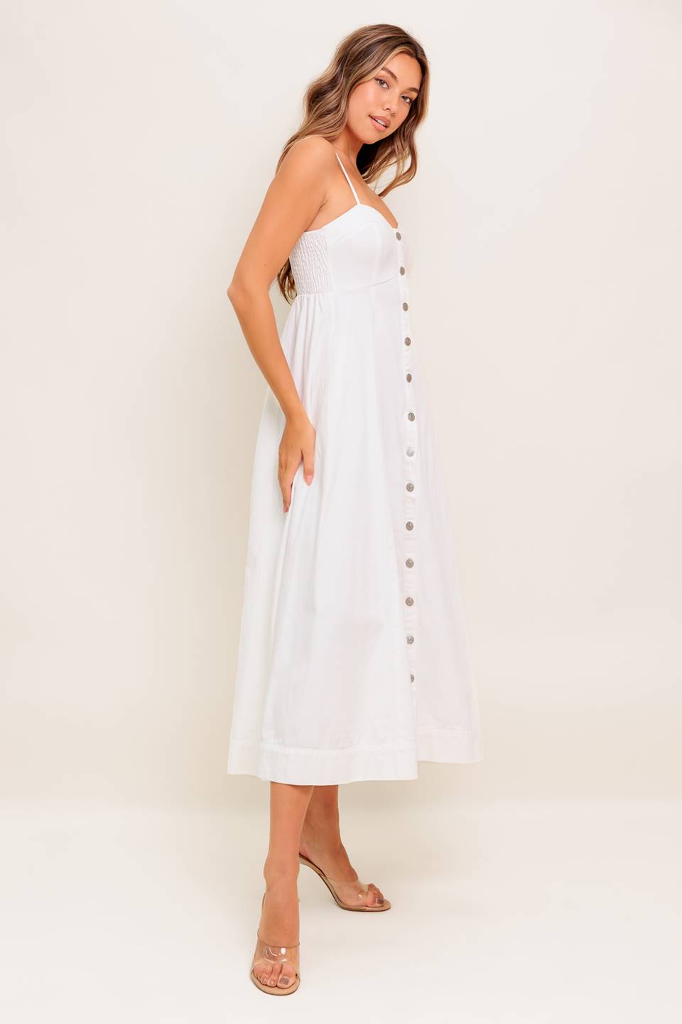 BREE BUTTON DOWN MIDI DRESS - WHITE