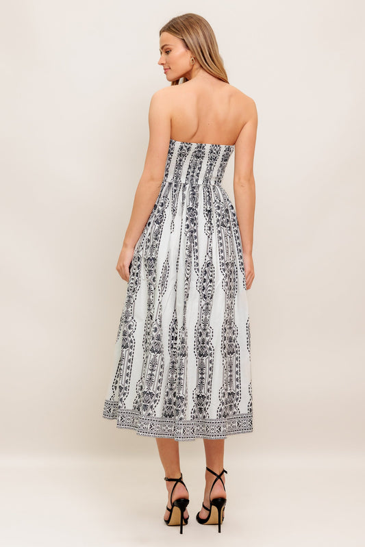 SUMMER SILHOUETTE STRAPLESS BLACK & WHITE MIDI DRESS