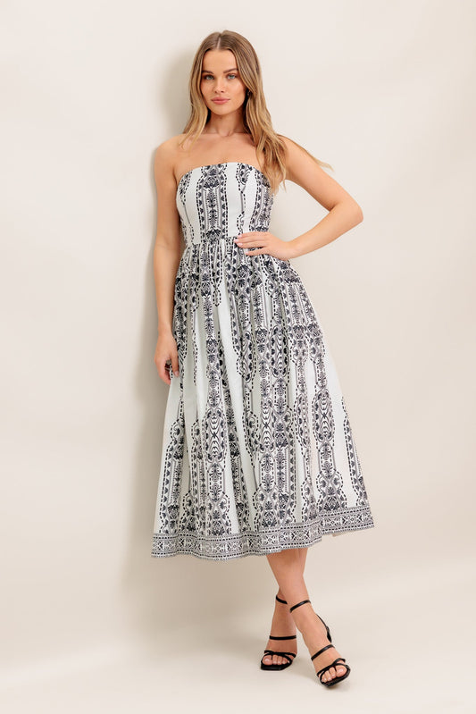 SUMMER SILHOUETTE STRAPLESS BLACK & WHITE MIDI DRESS