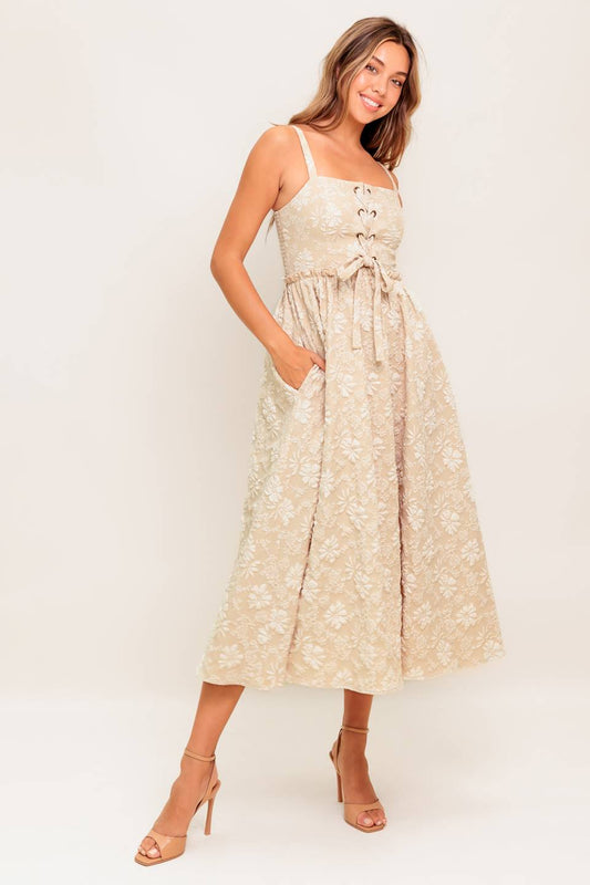 ELOISE MIDI DRESS - LACE UP JACQUARD DRESS