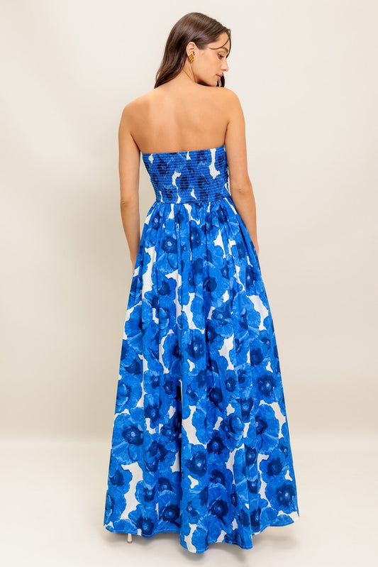 Betsy Bold Blue Floral Strapless Maxi Dress