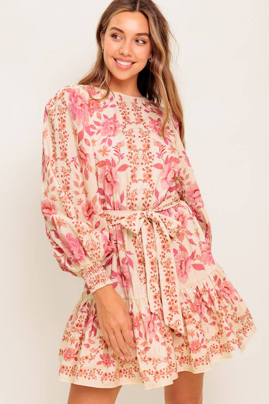ALANNA PINK FLORAL PRINTED MINI DRESS