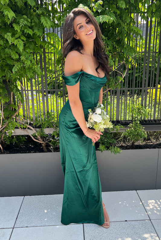 Mabel Gown - Emerald - LUXE SATIN OFF THE SHOULDER CORSET GOWN