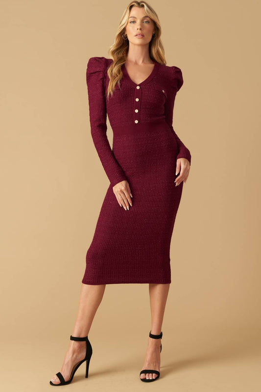 YOUNG LOVE - BURGUNDY - PUFF SLEEVE SWEATER DRESS