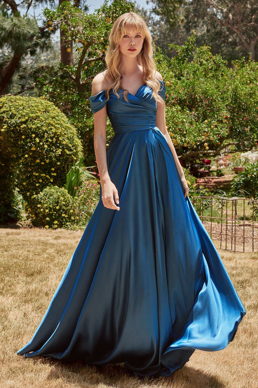 JILLIAN GOWN - FRENCH NAVY - A-LINE SOFT SATIN OFF THE SHOULDER DRESS
