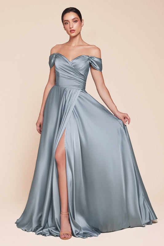 ROBE JILLIAN - BLEU POUSSIÈRE - ROBE LIGNE A EN SATIN DOUX À ÉPAULES DÉNUDÉES