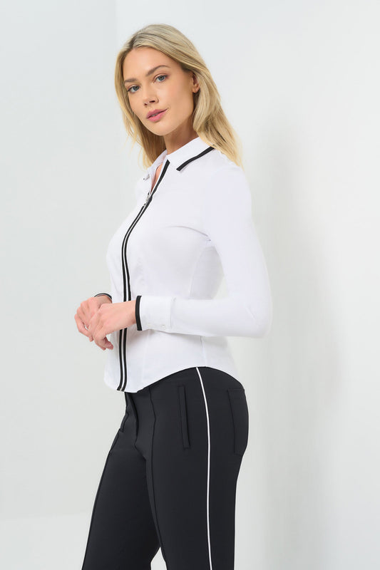 Bruna Collared Zip Top with Poplin Front