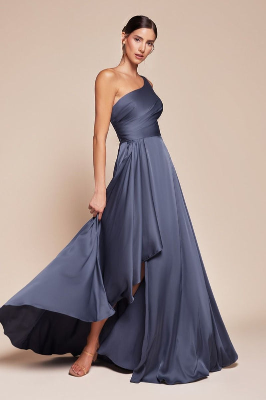 Miranda Gown - Smoky Blue - ONE SHOULDER SOFT SATIN A-LINE DRESS