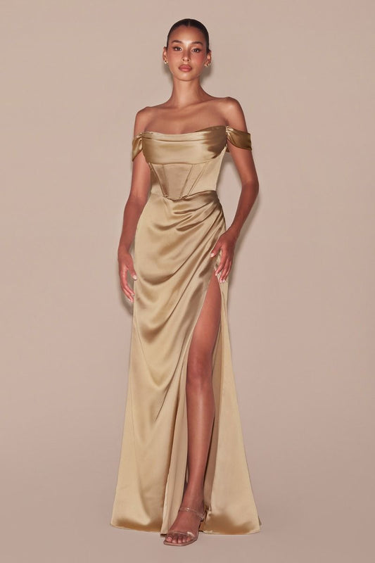 Mabel Gown - Champagne - LUXE SATIN OFF THE SHOULDER CORSET GOWN