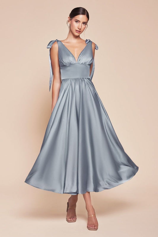 MAGGIE MIDI DRESS - DUSTY BLUE - TEA LENGTH SOFT SATIN A-LINE DRESS