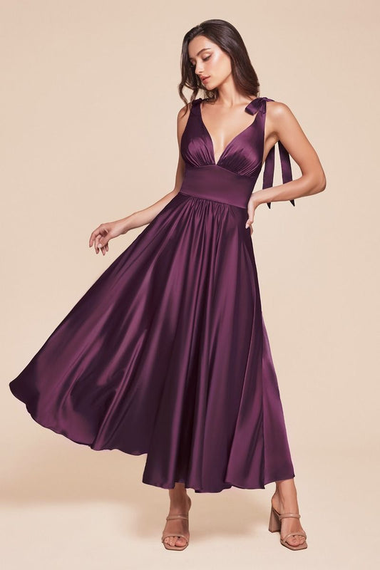 MAGGIE MIDI DRESS - EGGPLANT - TEA LENGTH SOFT SATIN A-LINE DRESS