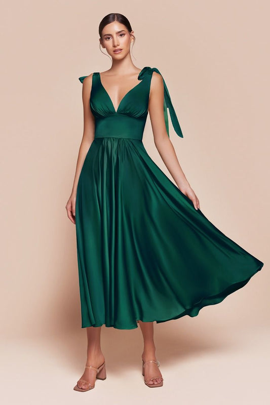 MAGGIE MIDI DRESS - EMERALD - TEA LENGTH SOFT SATIN A-LINE DRESS