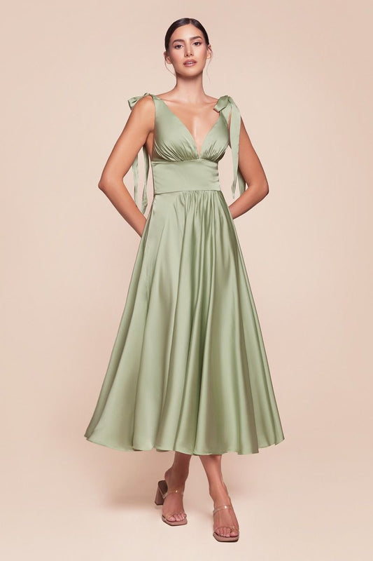 MAGGIE MIDI DRESS - SAGE - TEA LENGTH SOFT SATIN A-LINE DRESS