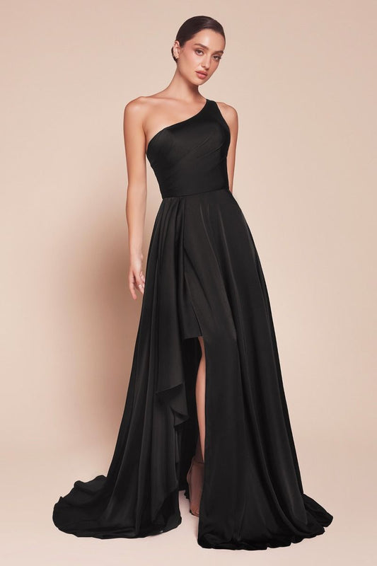 Miranda Gown - Black - ONE SHOULDER SOFT SATIN A-LINE DRESS