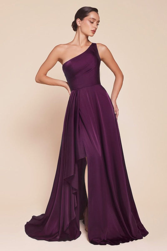 Miranda Gown - Eggplant - ONE SHOULDER SOFT SATIN A-LINE DRESS