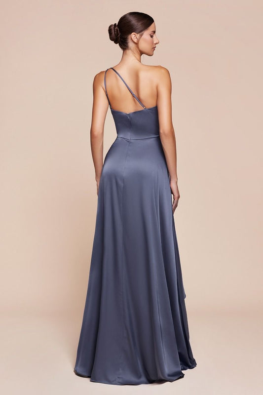 Miranda Gown - Smoky Blue - ONE SHOULDER SOFT SATIN A-LINE DRESS
