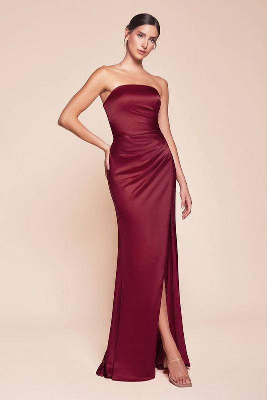 Nicolette Gown - Burgundy - STRAPLESS LUXE SATIN DRESS & SCARF