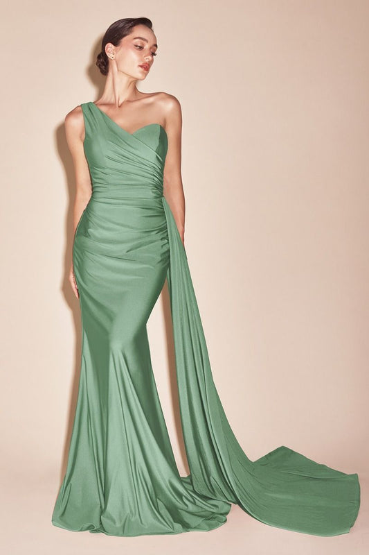 Shannon Gown - Dark Sage - ONE SHOULDER STRETCH SPANDEX SATIN GOWN