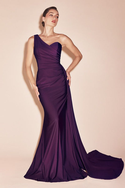 Shannon Gown - Eggplant - ONE SHOULDER STRETCH SPANDEX SATIN GOWN
