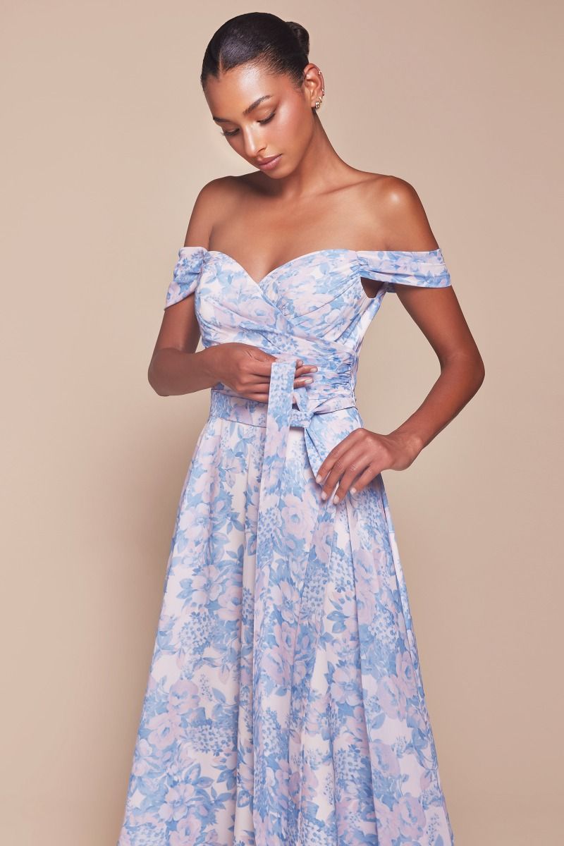 ROBE TILDA - BLEUE - ROBE LIGNE A IMPRIMÉ FLORAL À ÉPAULES DÉNUDÉES