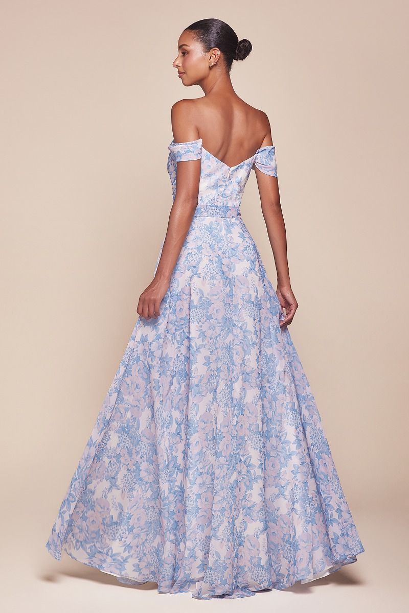 ROBE TILDA - BLEUE - ROBE LIGNE A IMPRIMÉ FLORAL À ÉPAULES DÉNUDÉES