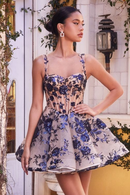 A1347 - ROBE COURTE À IMPRIMÉ FLEURI À PAILLETTES - Andrea &amp; Leo
