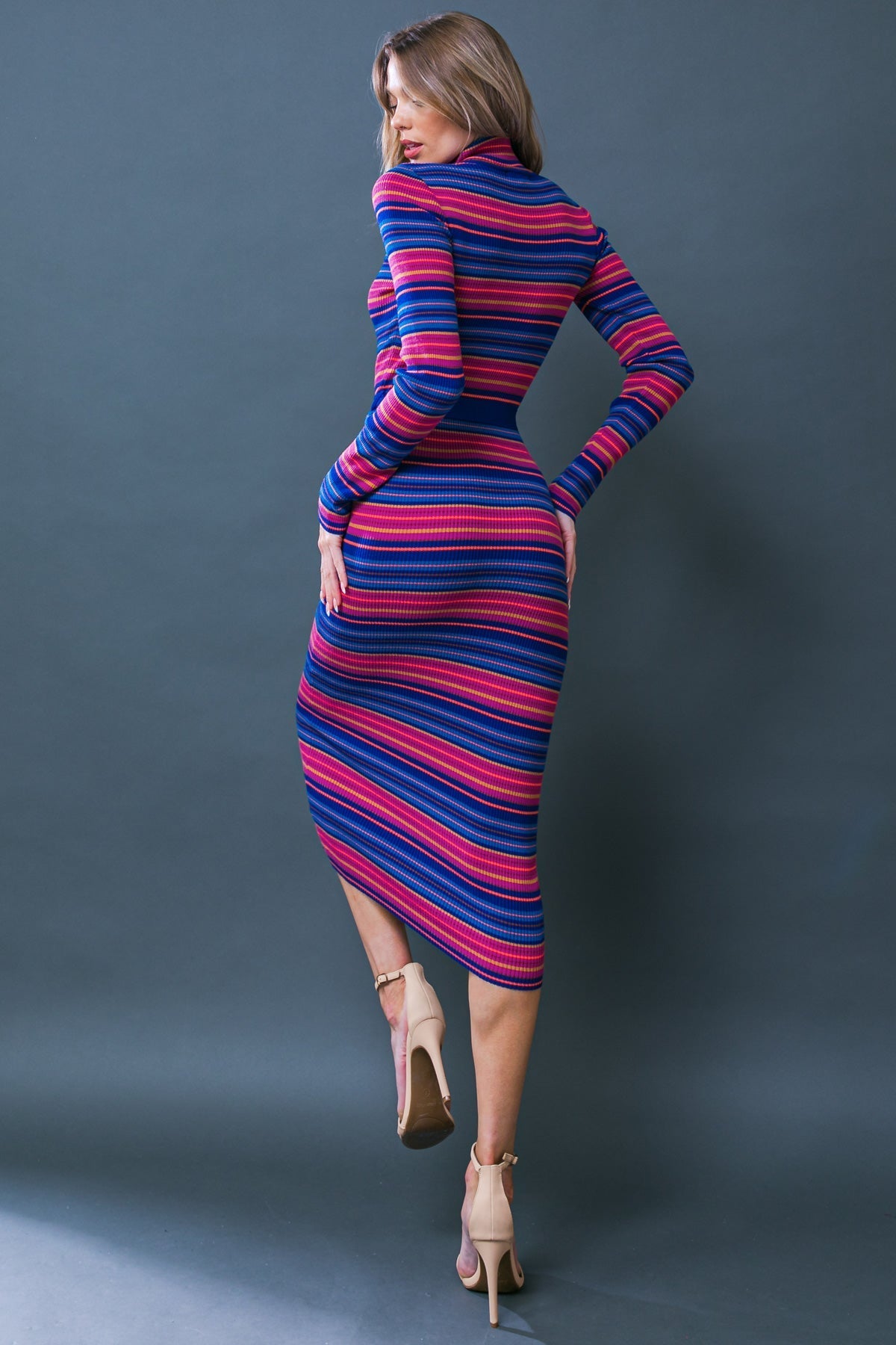 ROBE MIDI TEMPS PULL - RAYURES BLEUES ET FUCHSIA
