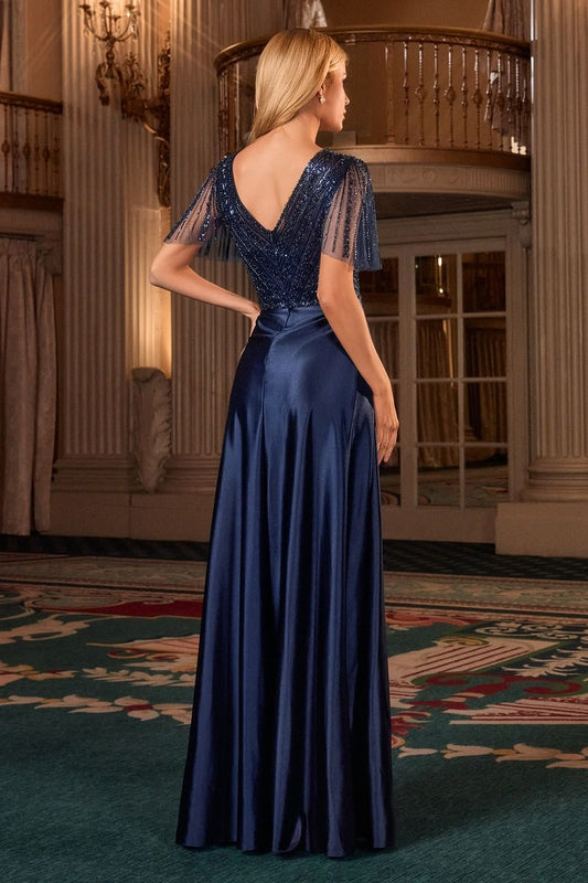 CARMINE GOWN - BEADED A-LINE DRESS WITH FLUTTER SLEEVES