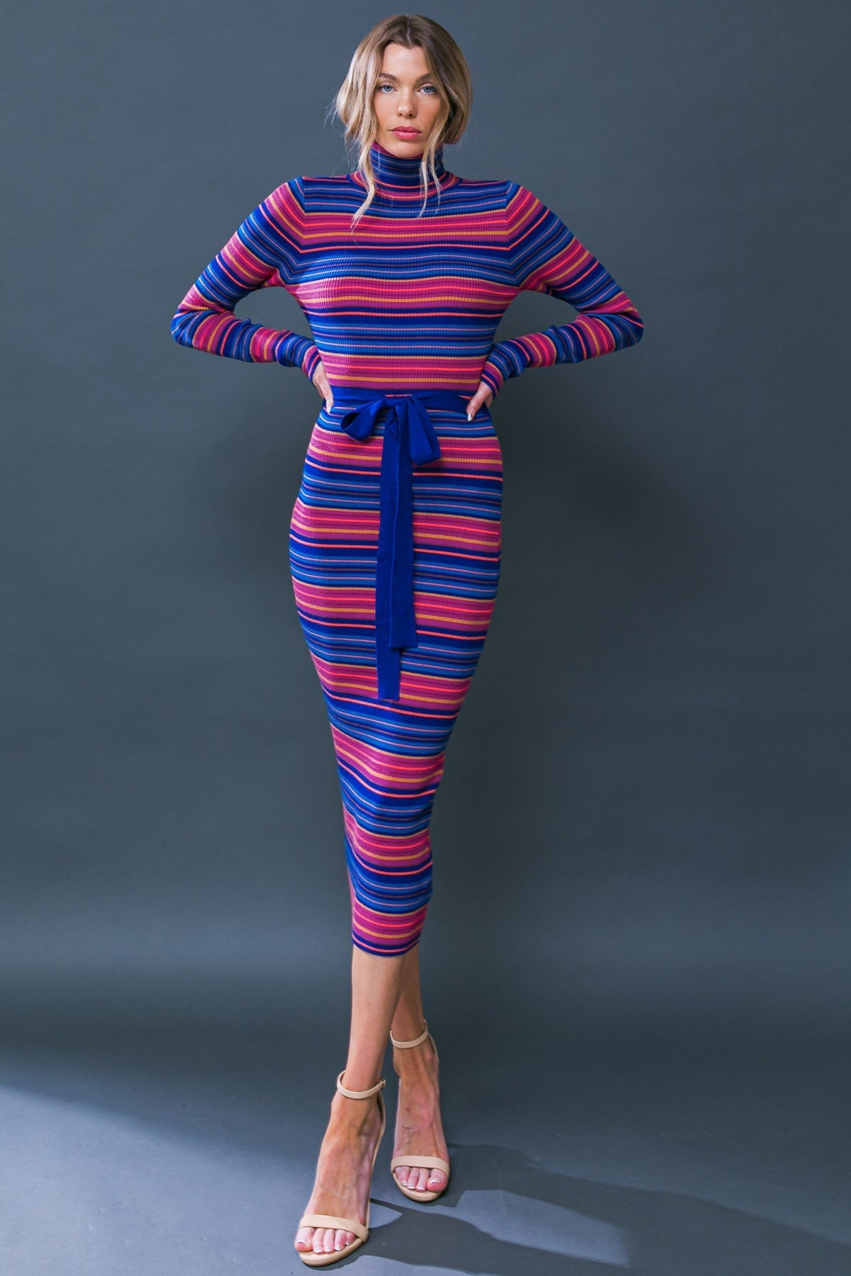 ROBE MIDI TEMPS PULL - RAYURES BLEUES ET FUCHSIA