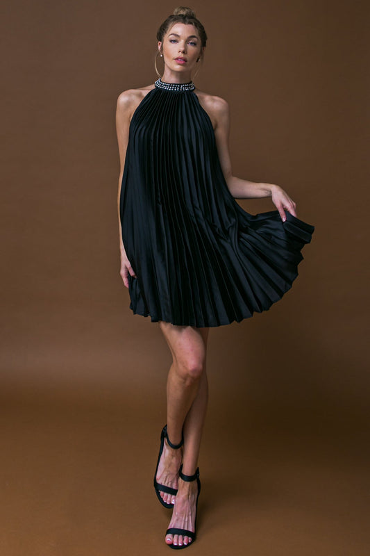 FIESTA FRIDAY - PLEATED MINI DRESS WITH HALTER NECK