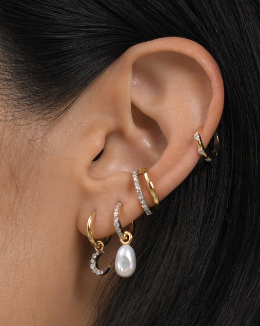 Fine Diamond Single Moon Charm Hoop Earring | 14k Solid Gold/Diamond
