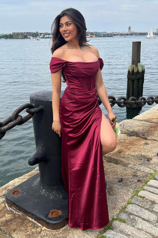 Mabel Gown - Burgundy - LUXE SATIN OFF THE SHOULDER CORSET GOWN