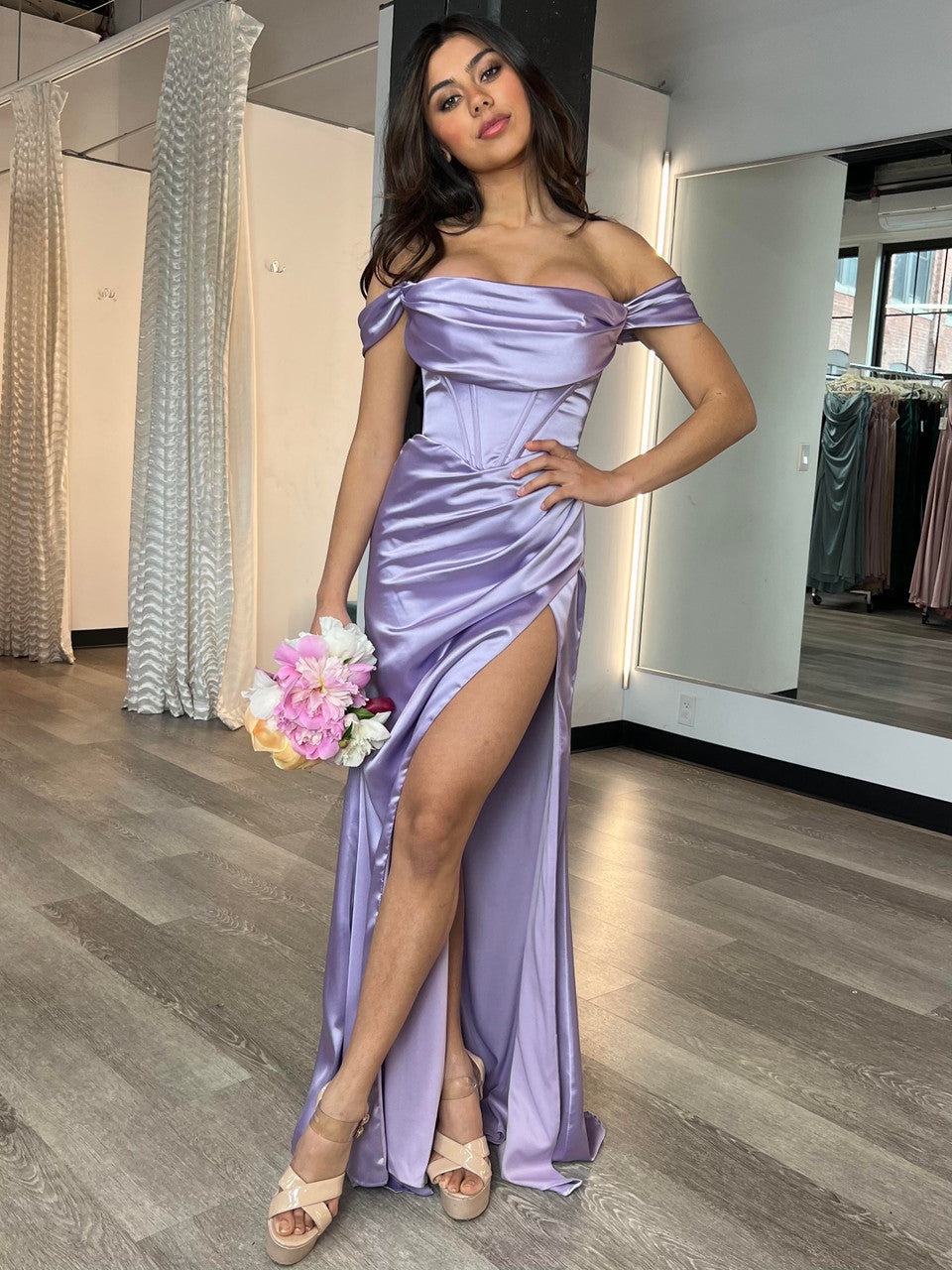 Mabel Gown - Lavender - LUXE SATIN OFF THE SHOULDER CORSET GOWN