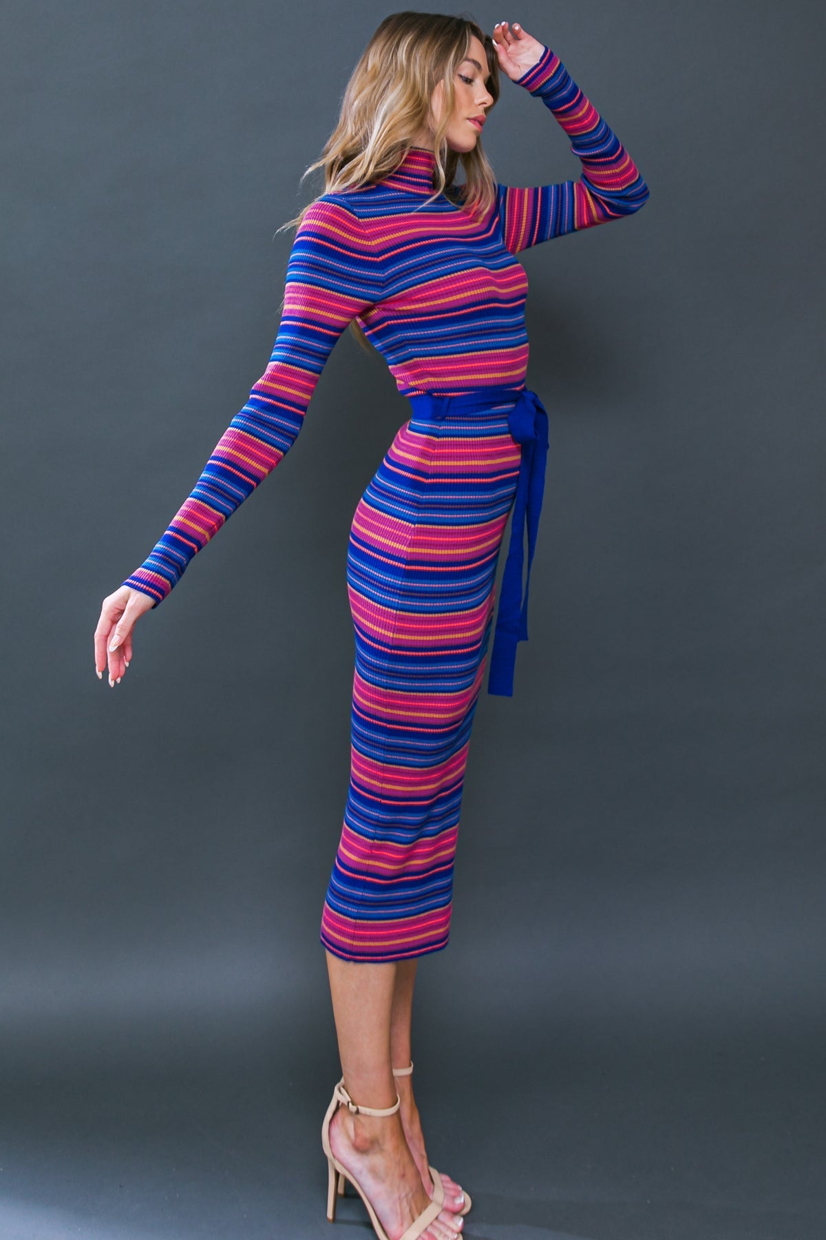 ROBE MIDI TEMPS PULL - RAYURES BLEUES ET FUCHSIA